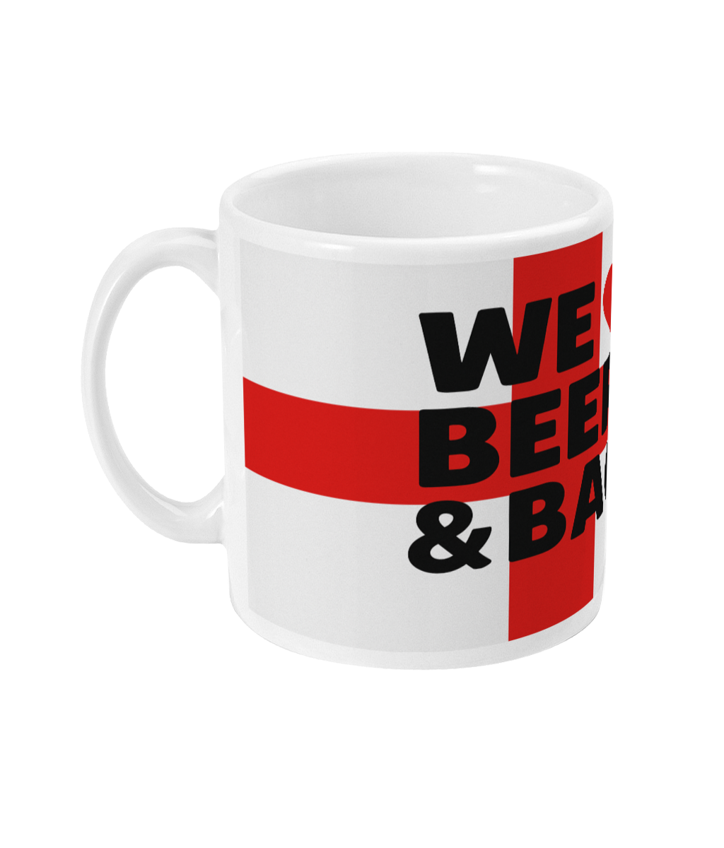 We Love Beer and Bacon England Flag Mug with St George's Cross design - funny patriotic gift