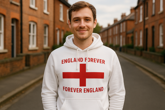 England Forever hoodie in heather grey featuring St George's Cross flag design and patriotic text